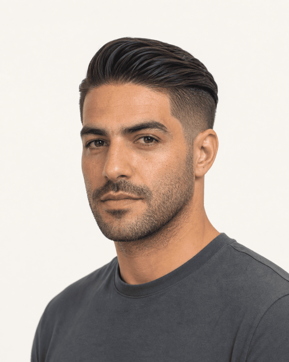 Three-quarter view of a slicked-back undercut showing its ridge transition and high fade