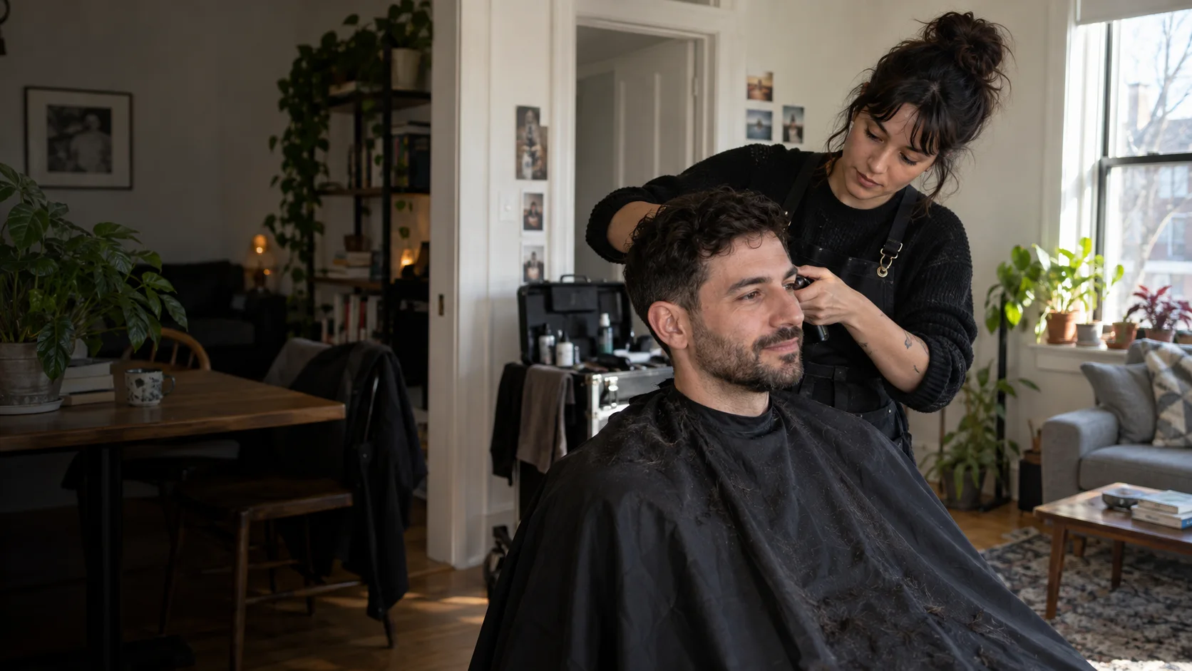 A mobile hair professional cutting a client's hair in a Montréal home