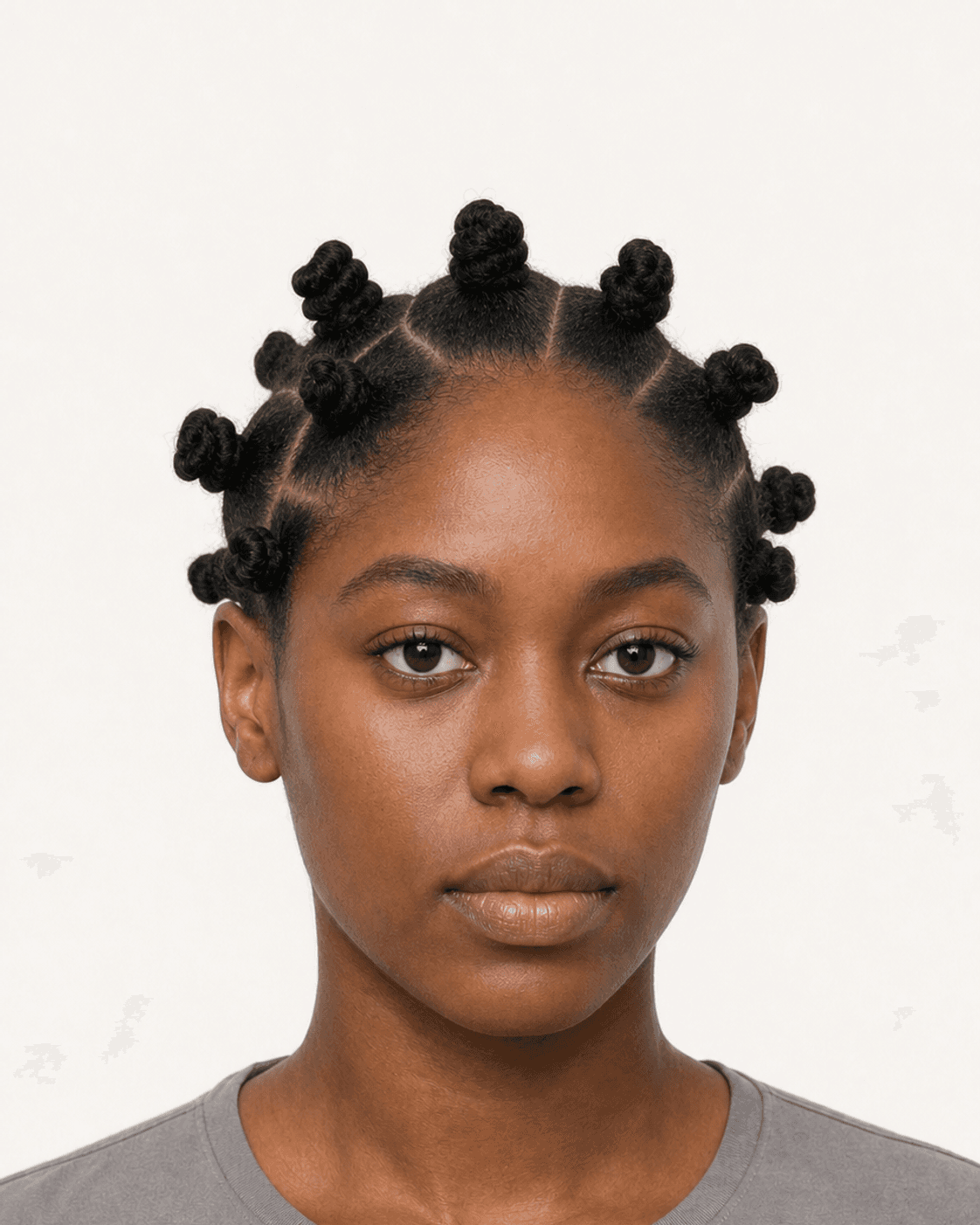 Front view of medium Bantu knots with clean geometric parting