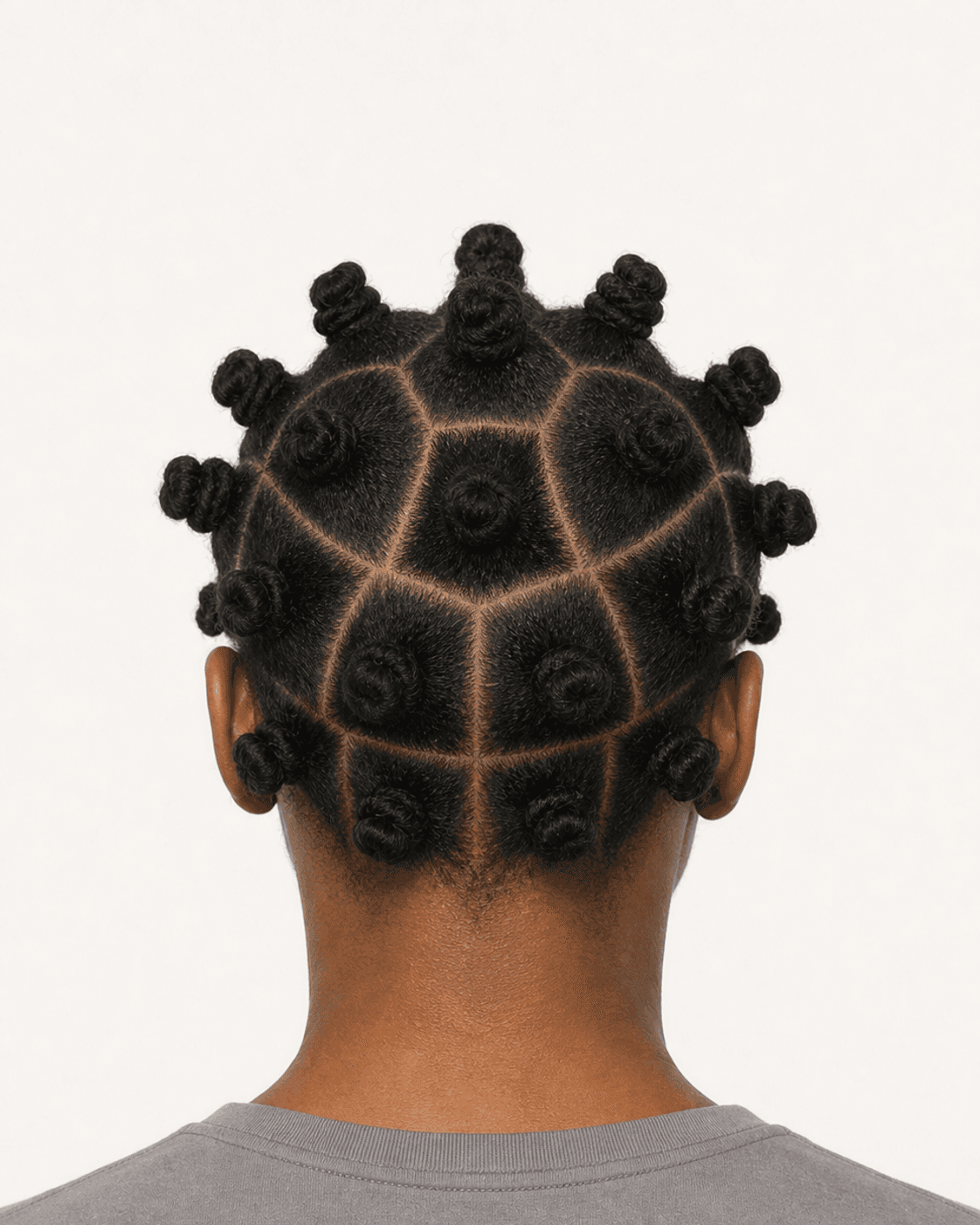 Rear view of Bantu knots showing balanced geometric sections