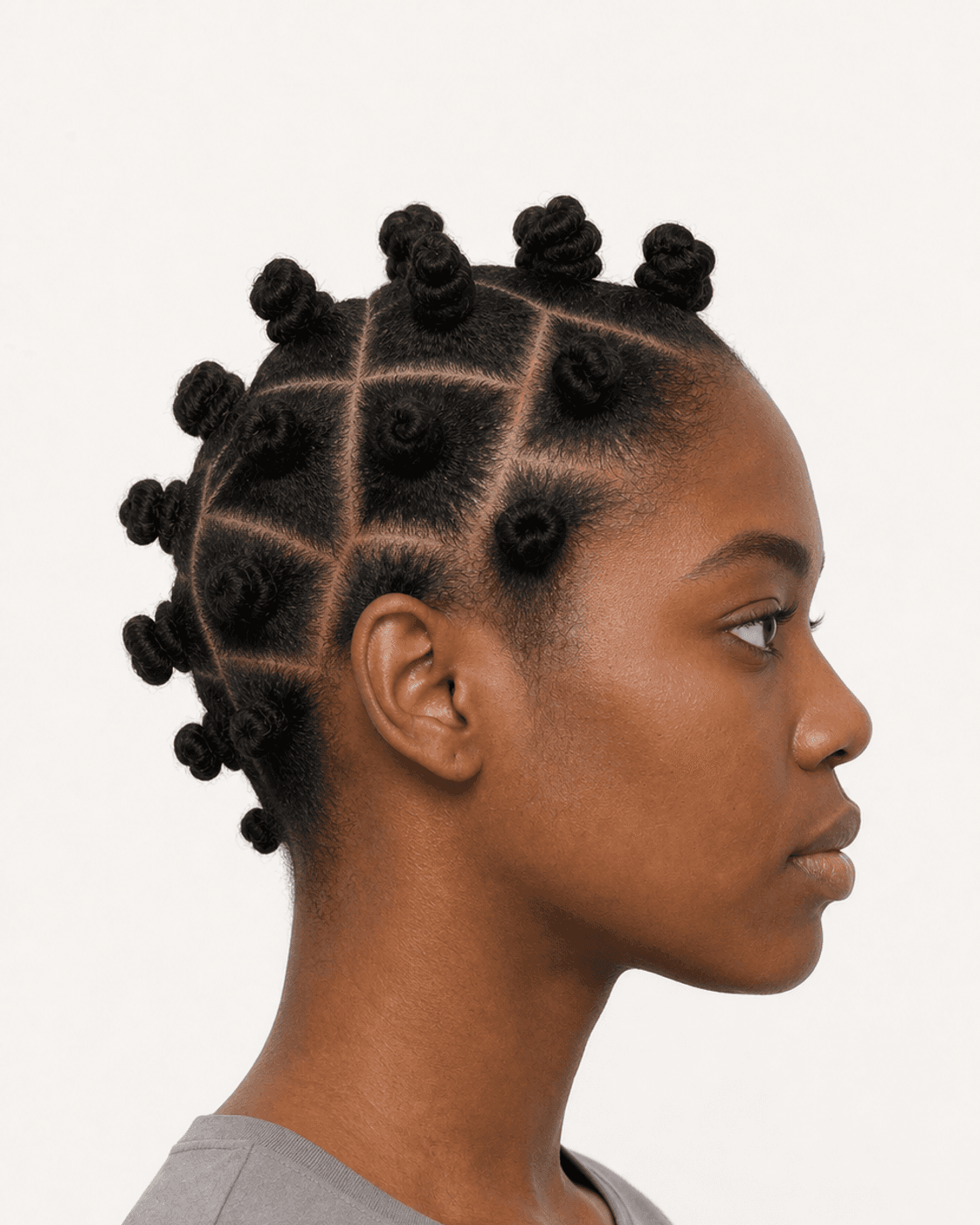 Side profile of Bantu knots showing the section map from hairline to nape