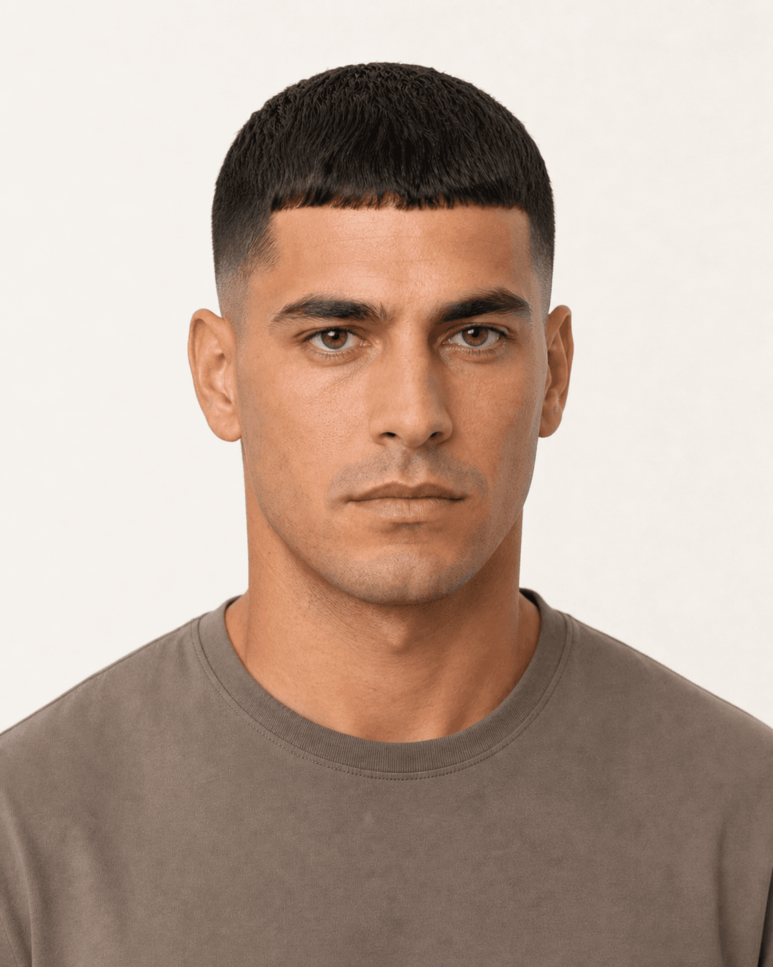 Front view of a classic Caesar cut with a straight short fringe and low fade