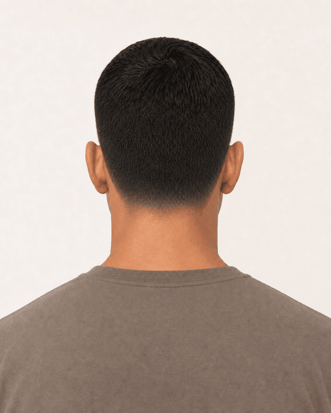 Rear view of a Caesar cut showing dense occipital coverage and a low nape fade