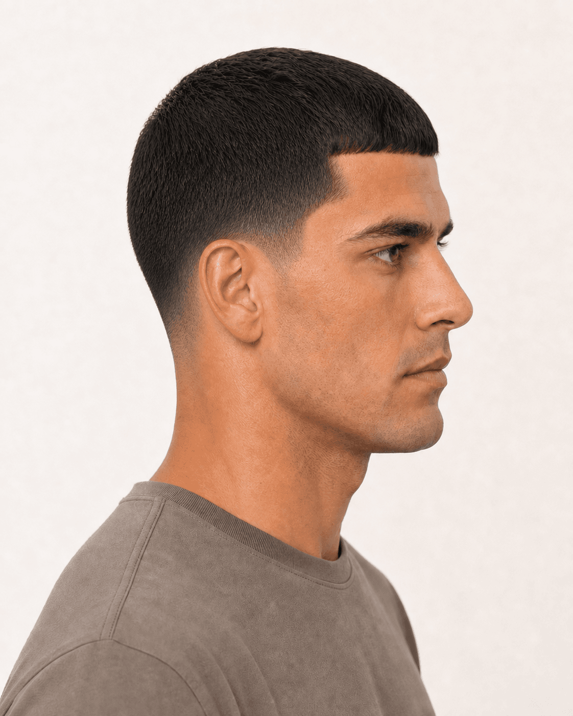 Side profile of a Caesar cut showing a dense temple and corrected low fade