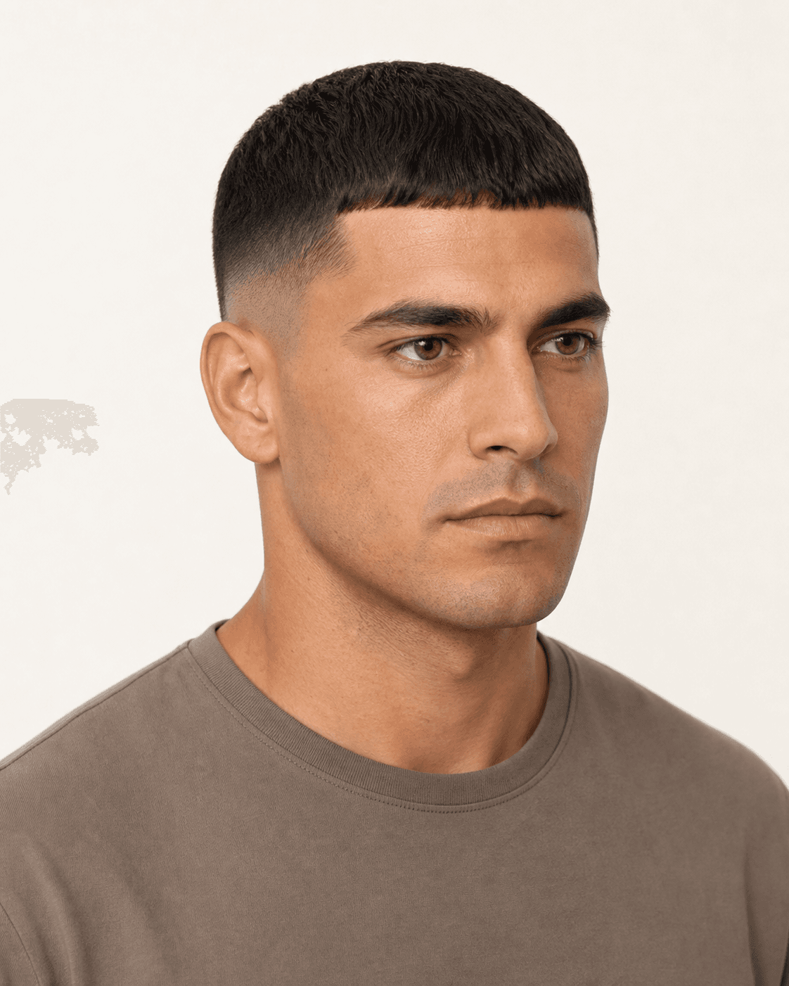 Three-quarter view of a classic Caesar cut with a low fade