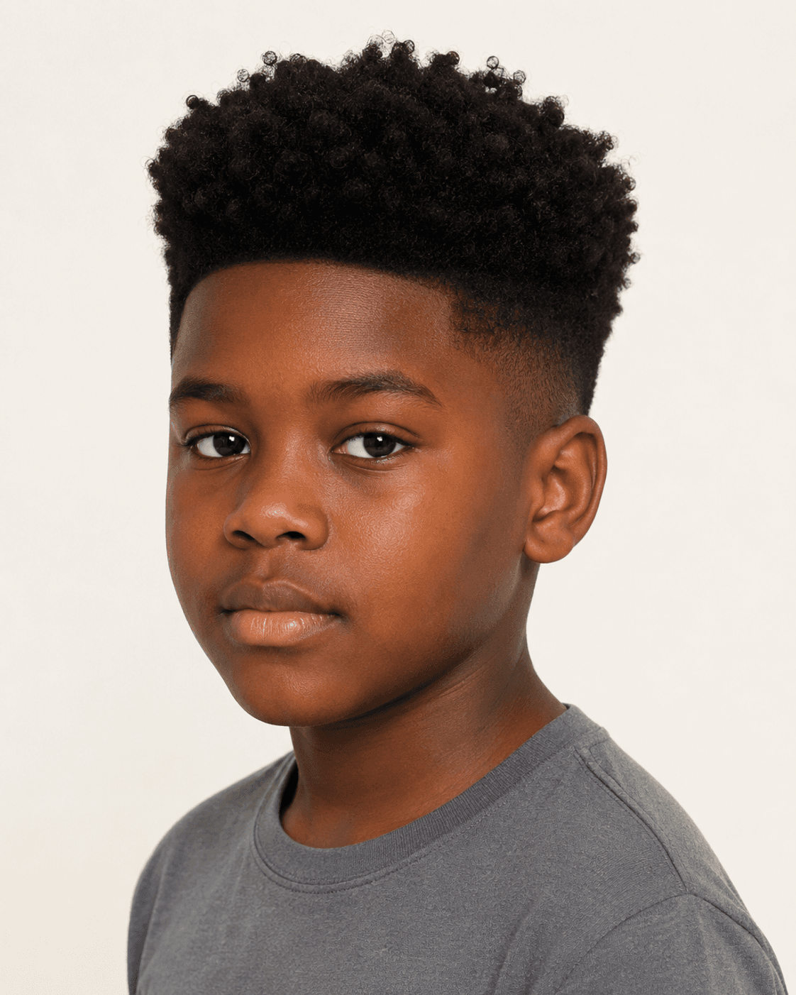 Three-quarter view of a curly high top showing curl texture and fade