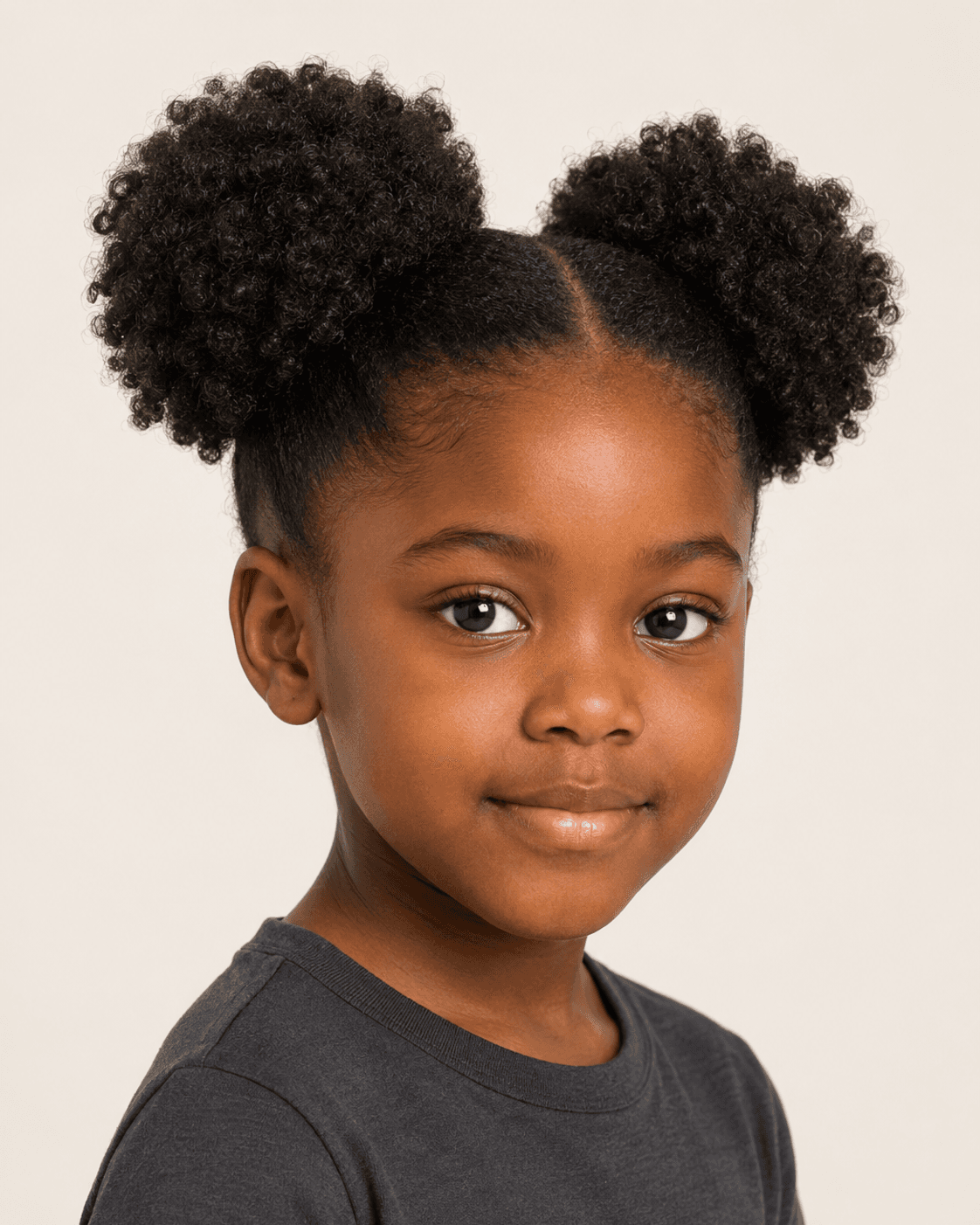 Three-quarter view of double curly puffs showing curl texture and puff shape