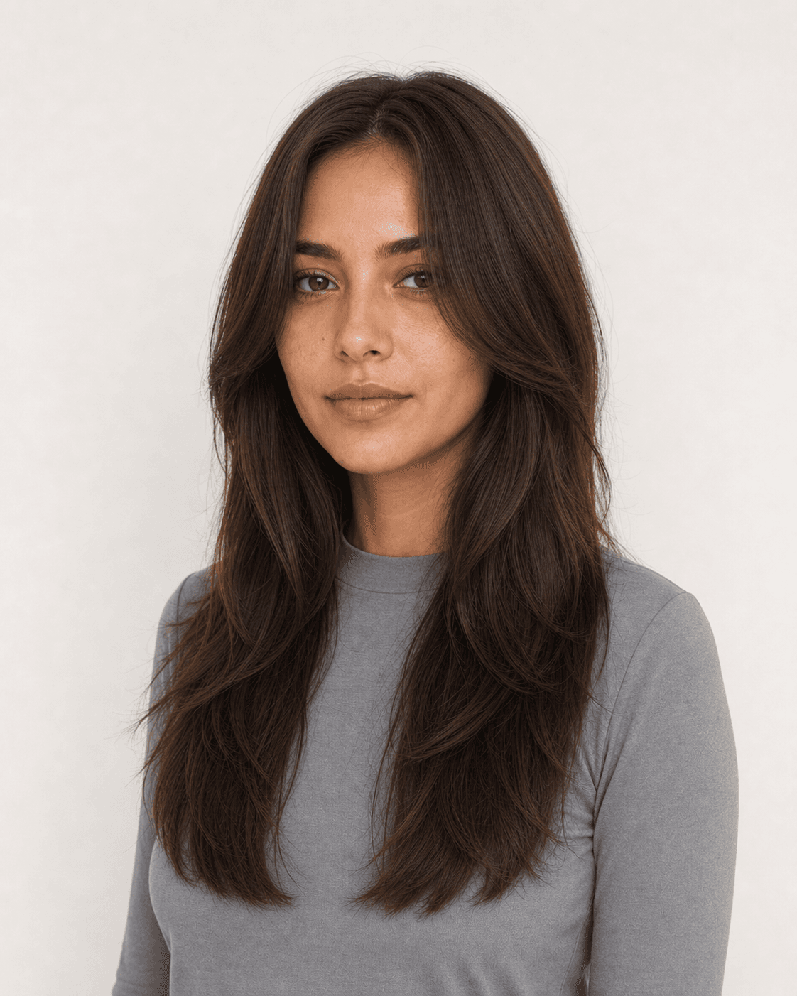 Three-quarter view of long layers with curtain fringe and cheekbone-to-jaw face framing
