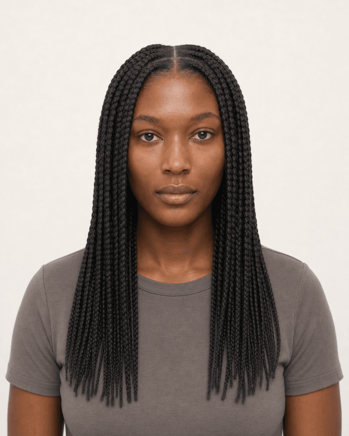 Front view of medium knotless box braids with a center part
