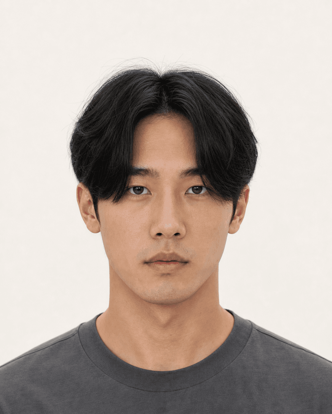 Front view of a middle-part curtain haircut with cheekbone-length panels