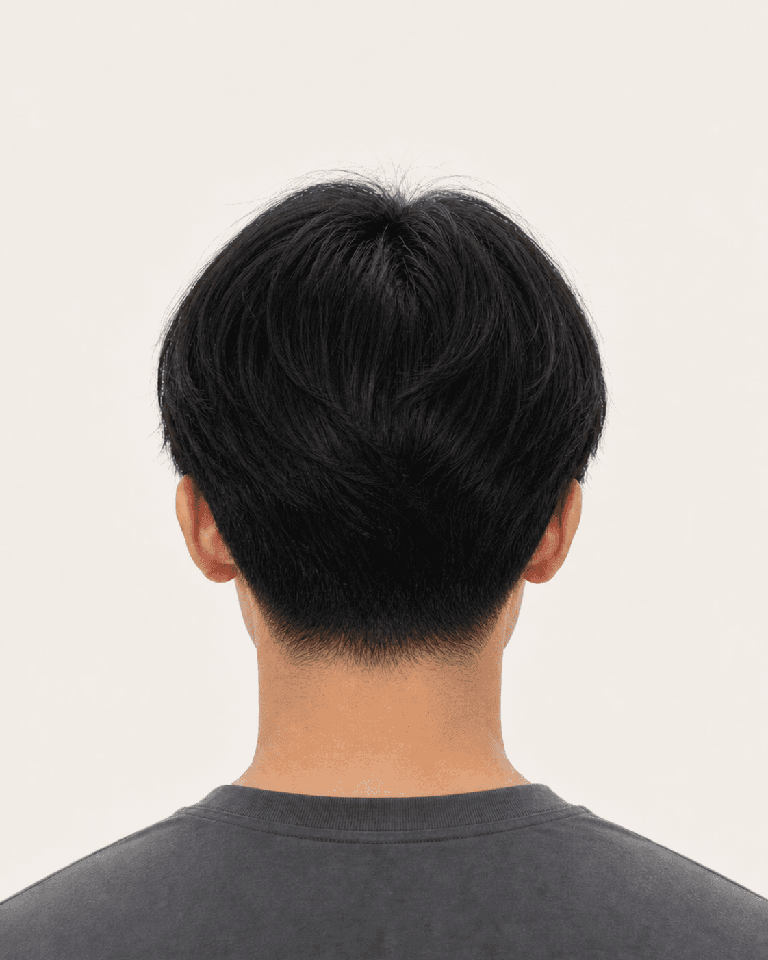 Rear view of a curtain haircut showing a compact crown and softly tapered nape