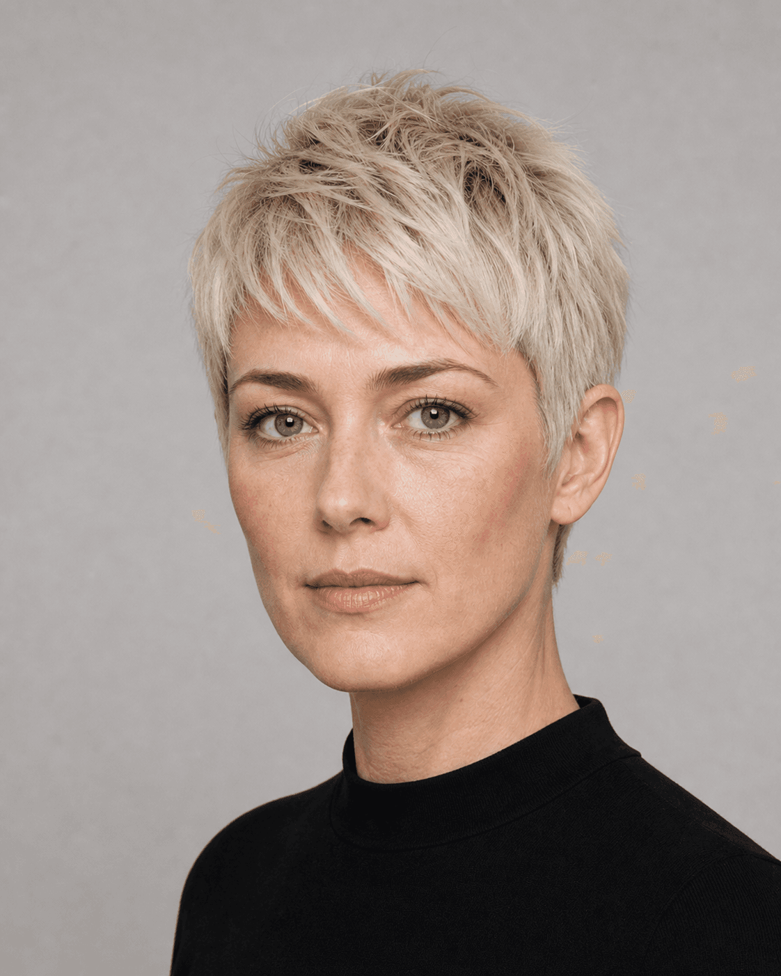 Three-quarter view of a platinum textured pixie showing piecey top layers and temple transition
