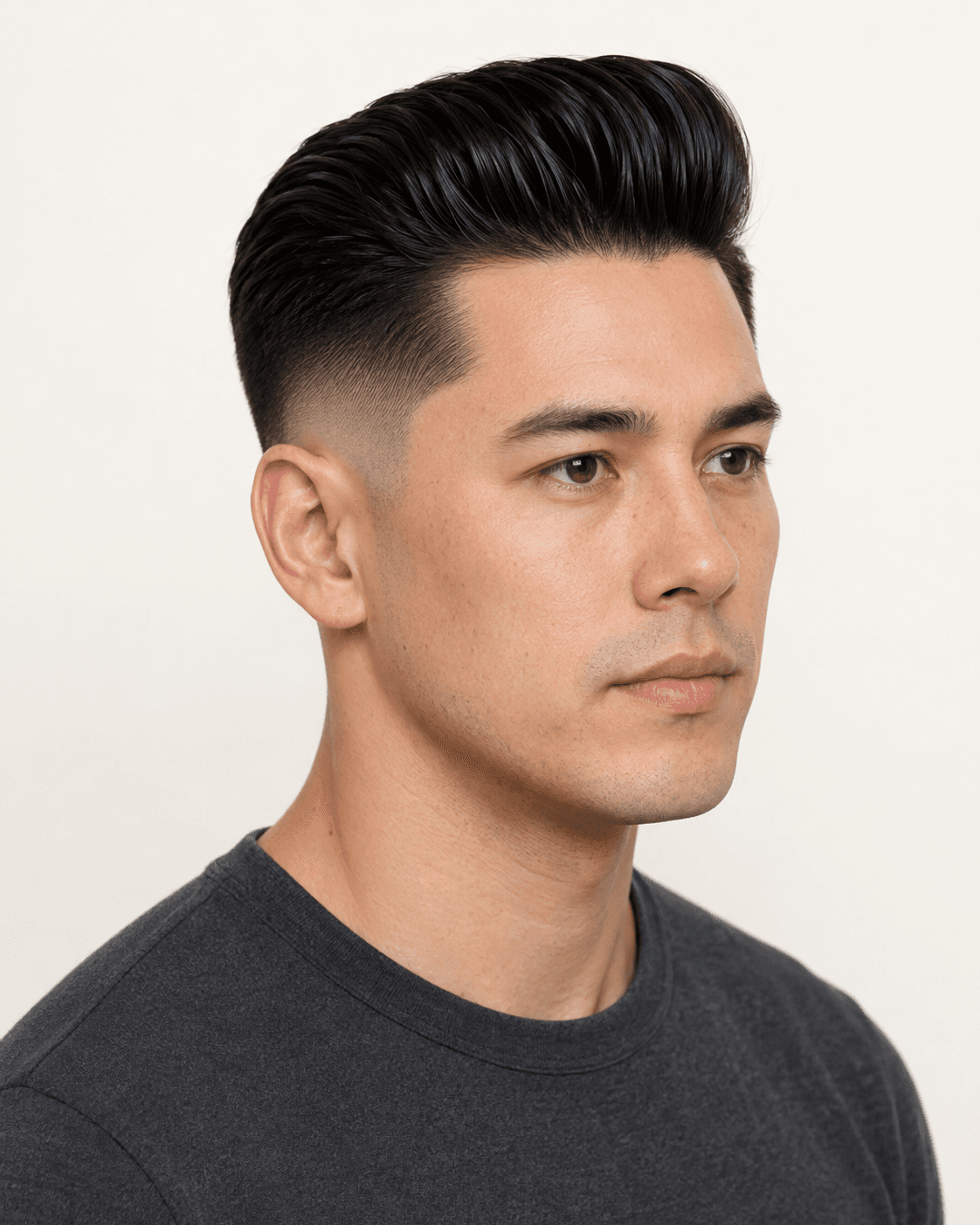 Three-quarter view of a modern pompadour with mid fade showing glossy swept-back top