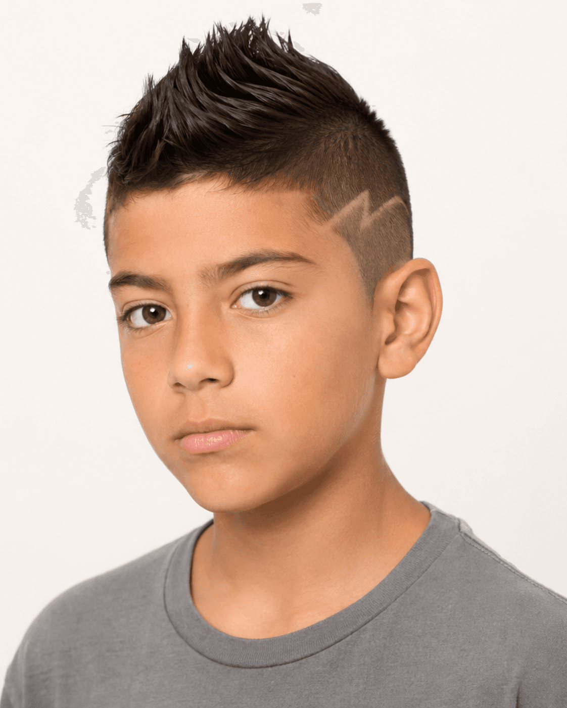Three-quarter view of a spiky faux hawk showing the spike shape and design line