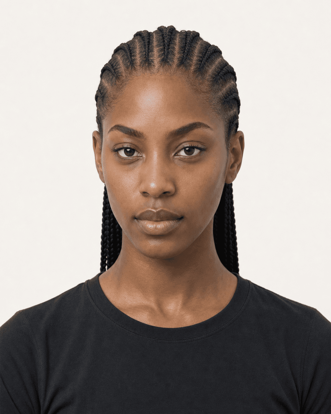 Front view of straight-back feed-in cornrows with natural starts
