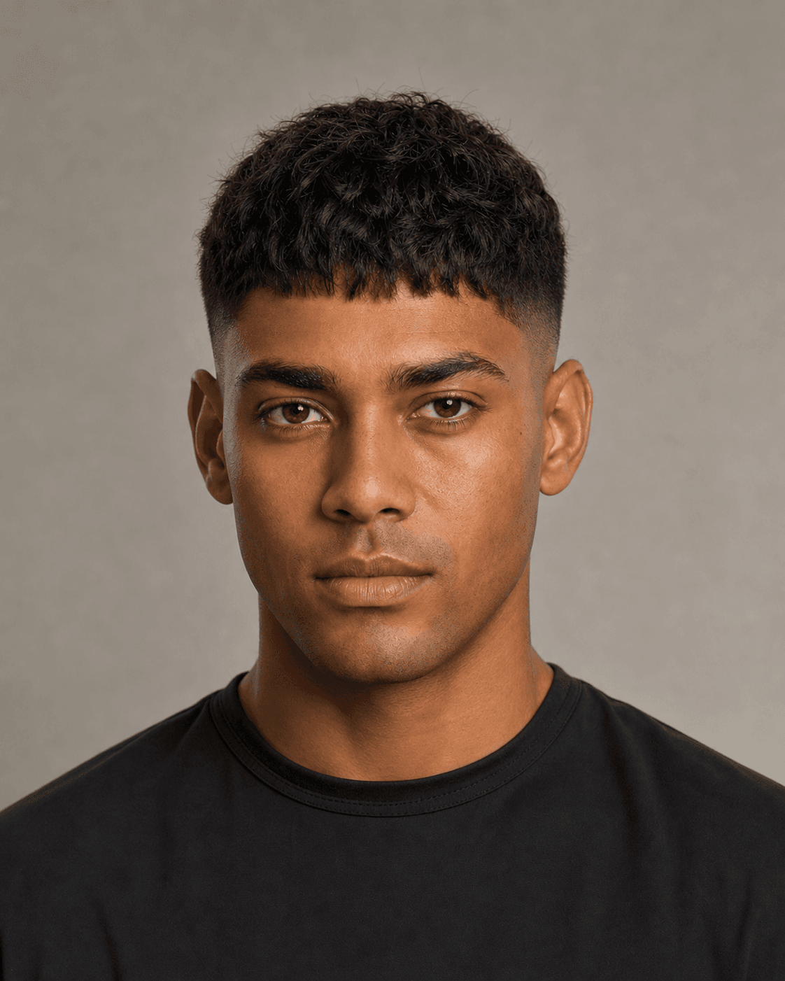Front view of a textured French crop with an irregular fringe and mid-high skin fade