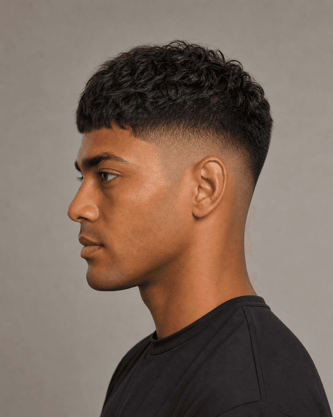 Side profile of a textured French crop showing the mid-high skin fade and tapered neckline