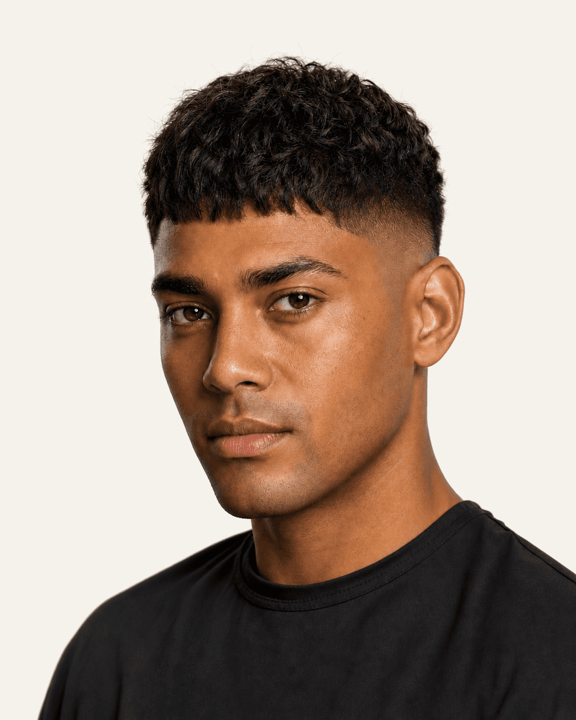 Three-quarter view of a textured French crop with a mid-high skin fade