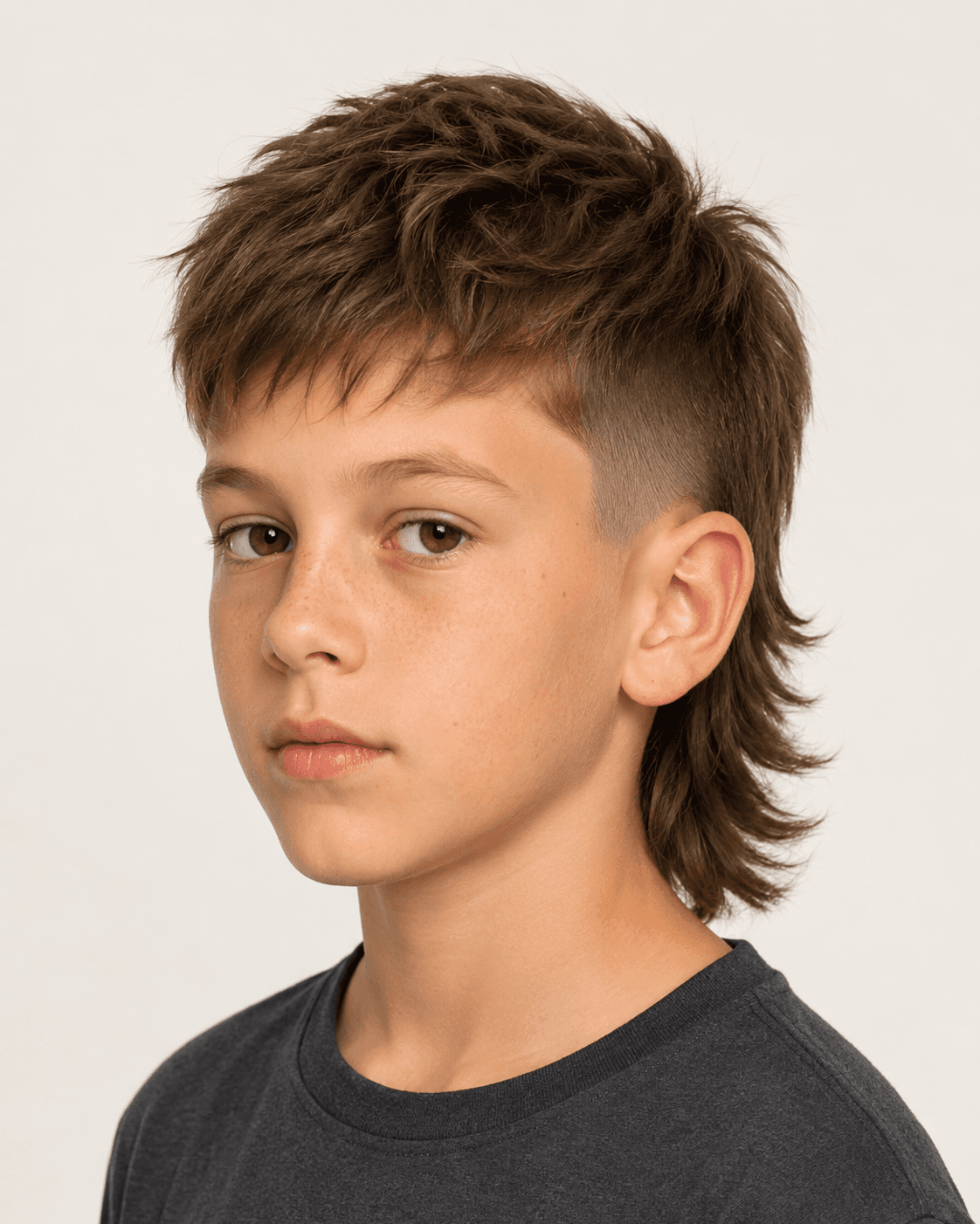 Three-quarter view of a textured mullet showing top texture and fade