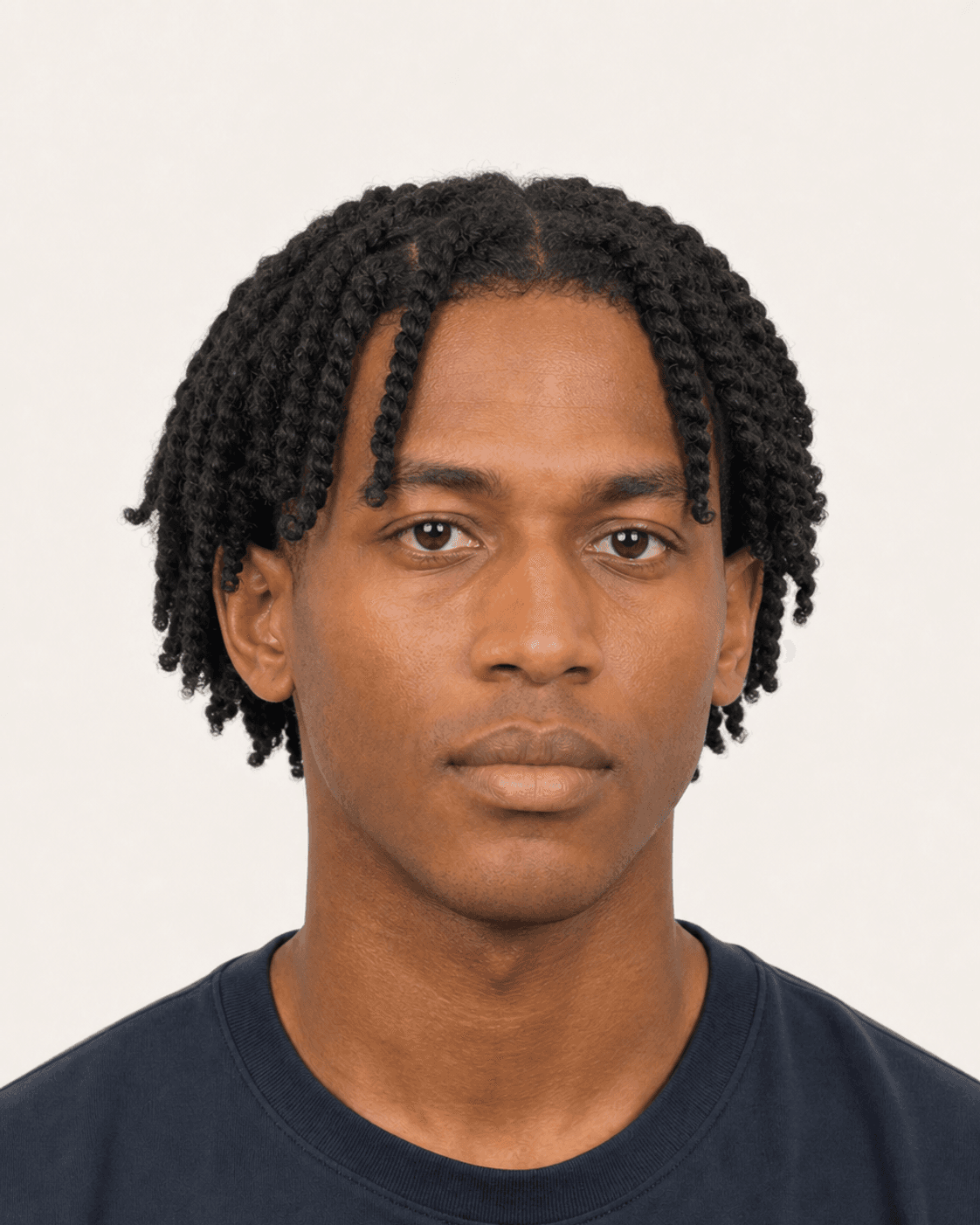 Front view of two-strand twists with full side coverage and a low taper
