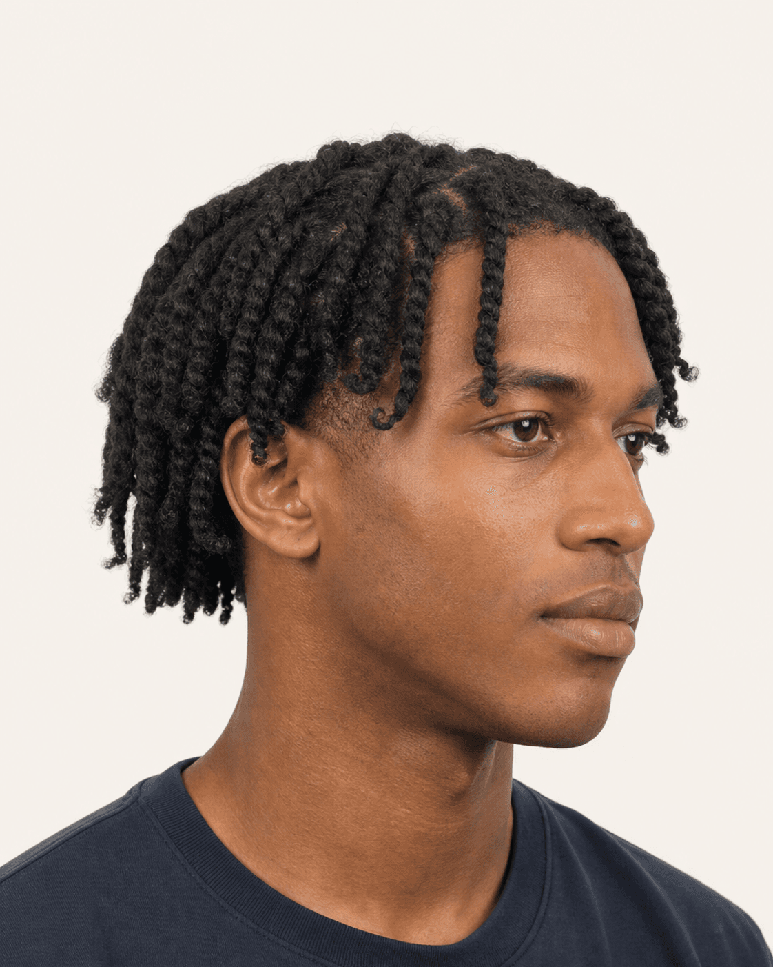 Three-quarter view of medium two-strand twists with a low taper